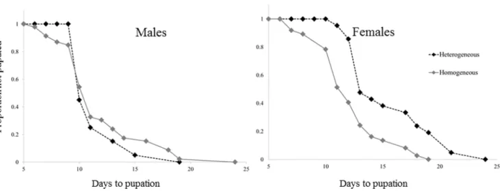 Figure 1. A Kaplan-Meier fit for the relationship between the time since hatching and the proportion of larvae not yet pupated (out of the final emerging population)