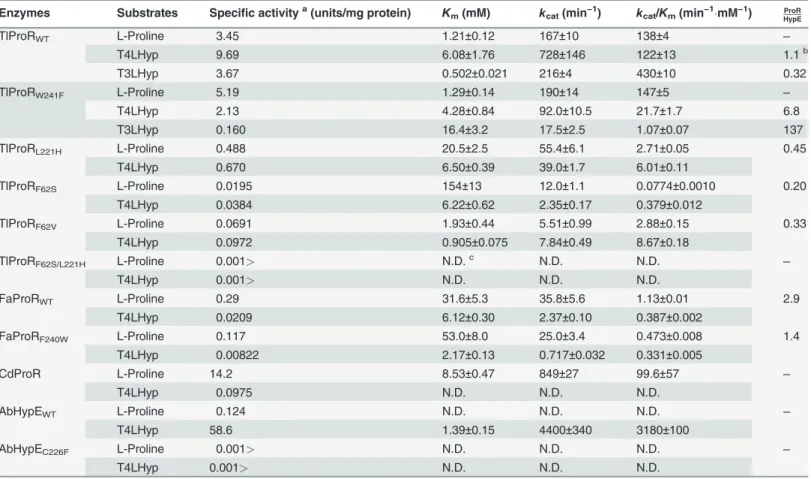 Table 1. Kinetic parameters for L-proline, T4LHyp, and T3LHyp.