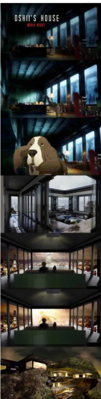 FIG  2:  Screenshots  from  ‘Movie  Night’  ©  Daniel  Kealty,  2012.‘Movie  Night’  visualizes  Gabriel  in  Oshii’s  study,  then  cuts to the screen room, an immersive private cinema where  Oshii  and  Gabriel  watch  Oshii’s  films  with  the  backdrop
