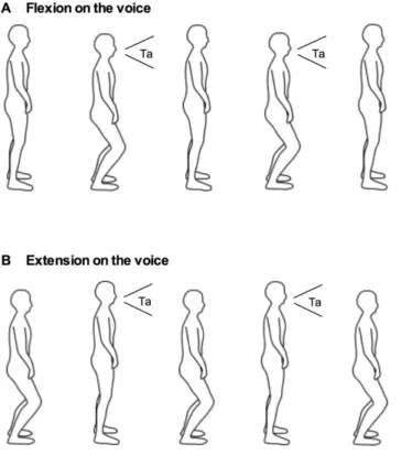Fig. 1. Flexion on the voice condition (A) and extension on the voice condition (B). In the flexion-on-the- flexion-on-the-voice condition, participants flexed their hip, knee, and ankle joints in line with a vocalization (A)