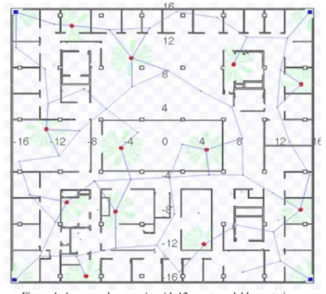 Figure 4: An example scenario with 12 agents and 4 base stations