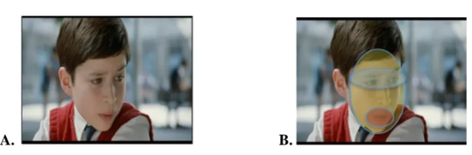 Figure 1. Illustration of the children’s film ‘Petit Nicolas’ used to create the videoclip and  photograph stimuli (A), and representation (not to scale) of how regions of interest (eyes,  mouth, face, non-social) were selected (B)