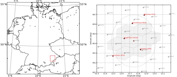 Fig. 1. Location of test site (left) and details of used in situ stations and their mapping to the ISEA grid