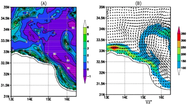 Fig. 11. Monthly mean map for the Tunisian sub-region in May of 8 (panel A) and EKE (panel B, [cm 2 s −2 ], with mean flow [m s −1 ] superimposed) averaged on the period 2008–2010 and vertically integrated from surface to 5 m depth