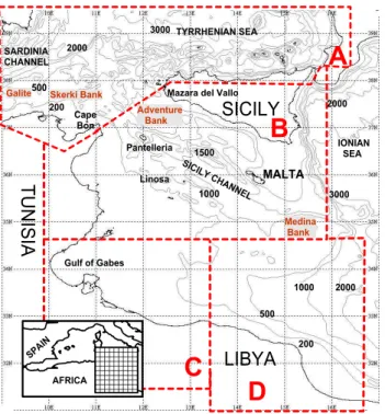 Fig. 1. The Central Mediterranean model bathymetry from US Navy DBDB1 (1/60 ◦ ). The boxes define the sub-domains where diagnostics are calculated: Sardinia Channel and southern  Tyrrhe-nian Sea (box A), Sicily Channel (box B), Tunisian shelf area (box C) 