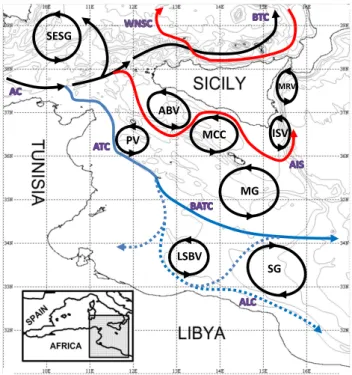 Fig. 2. Schematic surface circulation with cyclonic/anti-cyclonic features (modified from Lermusiaux and Robinson, 2001; B´eranger et al., 2004 and Hamad et al., 2005) togheter with new features found in the present work