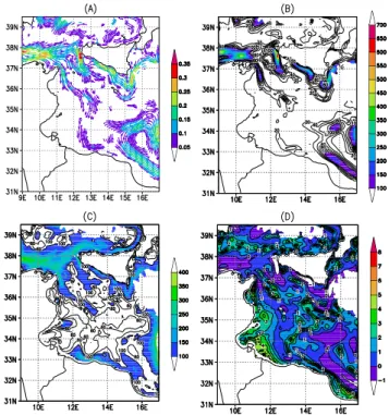 Fig. 3. Maps of mean flow (panel A, [ms −1 ]), MKE (panel B, [cm 2 s −2 ]), EKE (panel C, [cm 2 s −2 ]) and the logarithmic ratio EKE over MKE (panel D) averaged on the period 2008–2010 and vertically integrated from surface to 5 m depth
