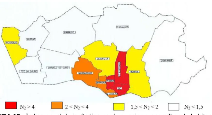 FIGURA 15 - Índice anual de incêndios por freguesias e por milhar de habitantes.