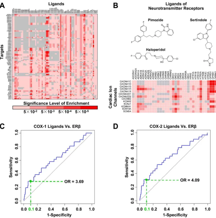 Figure 7. A summary of the highlighted potential target-target interactions. (A) The profile of target-target interaction is visualized with a matrix, in which each row and column represents a target and a family of ligands, respectively