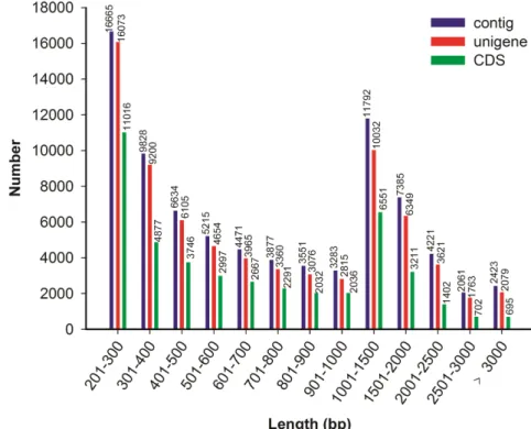 Figure 3. The number of unigenes annotated by BLASTX with an E-value threshold of 10 25 against protein databases