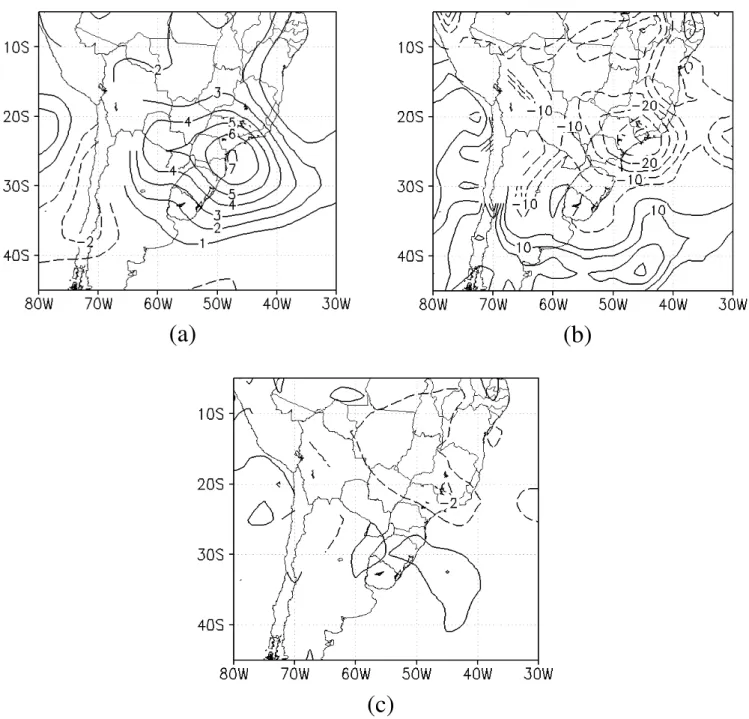 Fig. 8. Episode-mean anomaly fields for Case 29 (27 August through 10 September 1999) of (a) temperature ( ◦ C), (b) relative humidity (%), and (c) specific humidity (g kg −1 ) at 850 hPa
