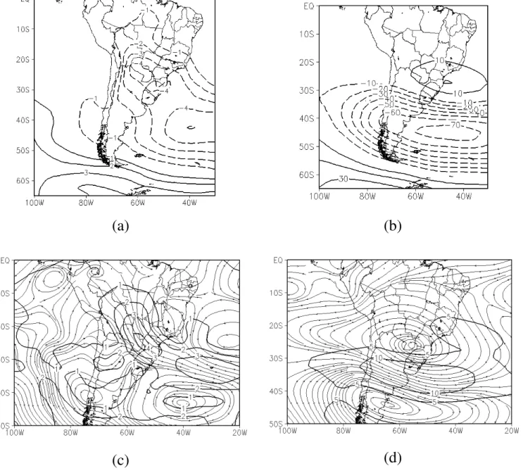Fig. 6. Composite mean (a) surface pressure anomaly (hPa), (b) 500-hPa geopotential anomaly (m), (c) 850-hPa wind anomaly, and (d) 250-hPa wind anomaly for 17 strong WDSs
