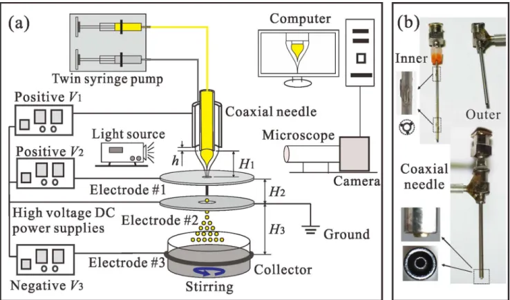 Fig 1. Experimental CES system for fabricating drug-loaded MPs. (a) Schematic of the CES setup including a droplet generation module (twin syringe pump, coaxial needle, electrodes with high voltage power supplies and ground), a droplet collection module (c