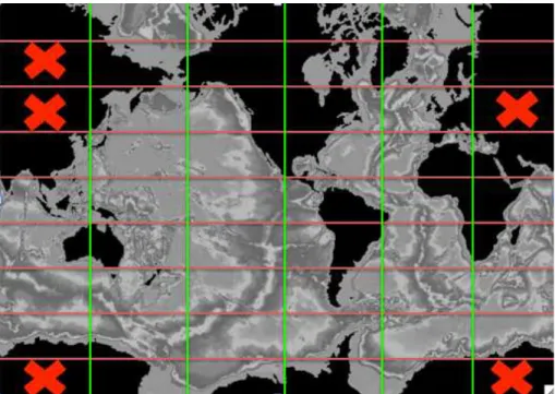 Figure 1. Example of PELAGOS025 decomposition on 54 subdomains. There are 5 subdo- subdo-mains with only land points (marked by a X)