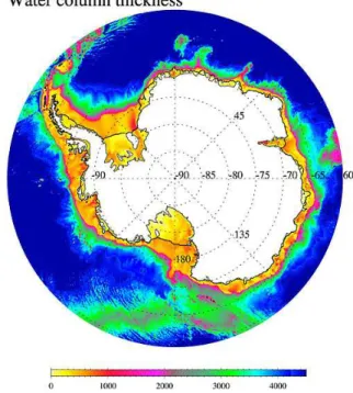 Figure 7. Global surface type mask in RTopo-1. Blue = ocean, white = grounded ice, orange = ice shelf, grey = bare land surface.