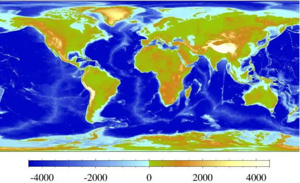 Figure 1. RTopo-1 global bedrock topography. On continents outside Antarctica, this represents the topography of the solid surface (including bottom of lakes, surface elevation of glaciers and continental ice caps) and mirrors the S-2004 data set.