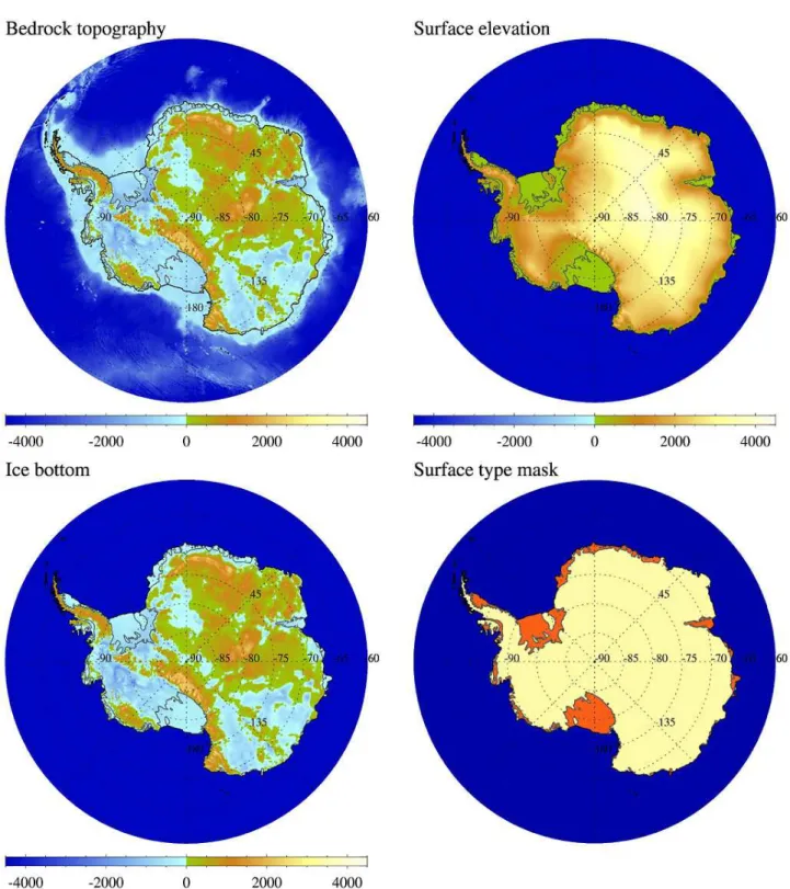 Figure 2. Antarctic subset of the RTopo-1 data set. Top left: Bedrock topography (ocean bathymetry)
