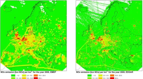 Fig. 6. Spatial distributions of annual NO x emissions in Europe for the year 2000 based on: (left EMEP at 50 km × 50 km to the right) EDGAR at 0.1 × 0.1°.