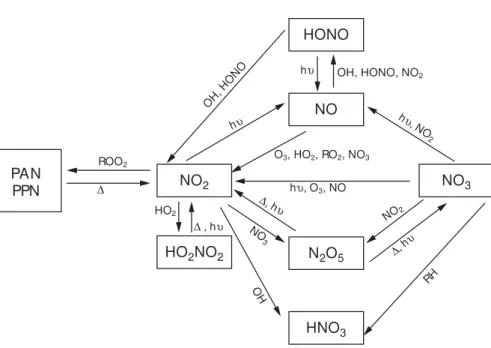 Fig. 7. Illustration of the interaction between the various nitrogen oxide (NO y ) compounds in the tropospheric boundary layer