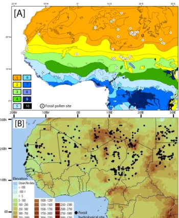 Fig. 1. Location of West African sites over the study area. (A) Fos- Fos-sil pollen sites (white circles) extracted from the African Pollen Database (http://apd.sedoo.fr/apd/accueil.htm) with the  distribu-tion of modern phytogeographical zones and associa