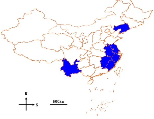 Fig. 1. Highlighted provinces of China are ones that contained more than 50 invasive plants.