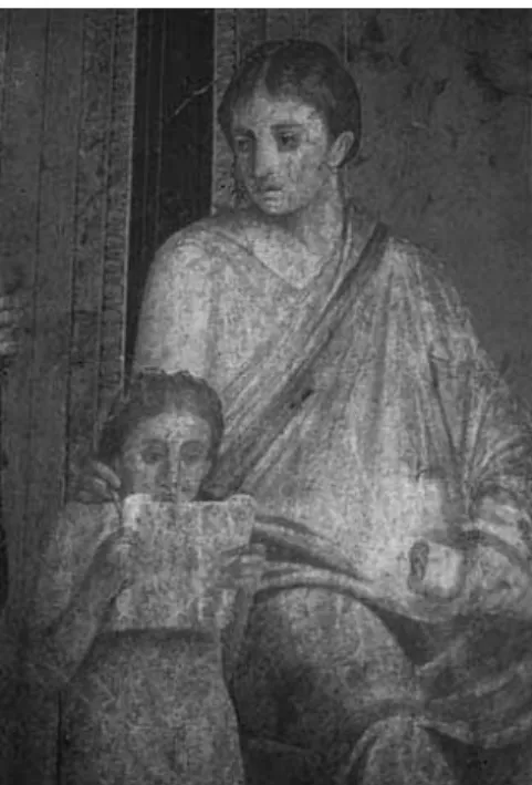 Fig. 6 — Fresco da “Vila dos Mistérios”, Pompeios. Mulher com rolo de papiro e criança  a ler