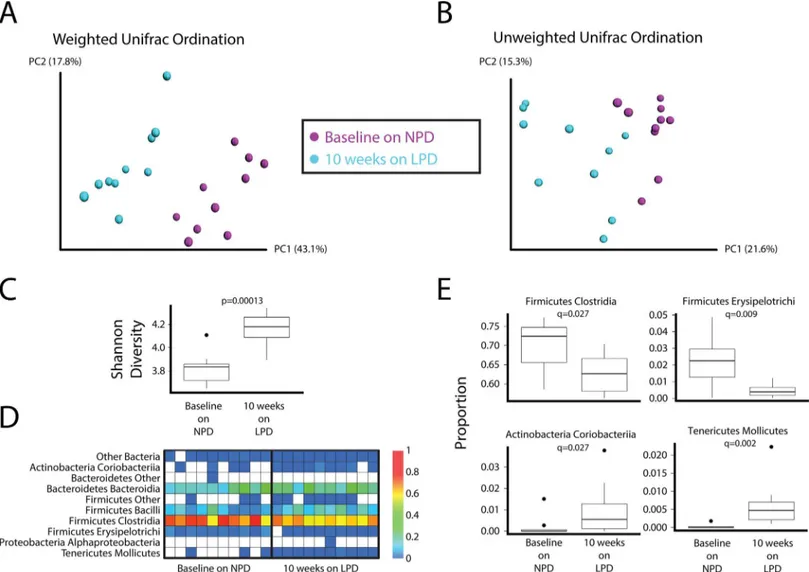Fig 2. Effect of a LPD on the composition of the gut microbiota. Principal coordinates analysis (PCoA) ordination of mice before and after placement on the LPD for 10 weeks