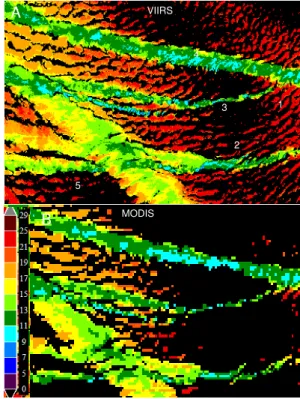 Fig. 1. Microphysical RGB composite imagery of ship tracks, as seen by VIIRS (22:20 UT, panel A) and MODIS (22:40 UT, panel B) overpasses on 15 July 2012 over the northeastern Pacific in an area of 174 km × 107 km centered at 40.55 ◦ N, 140.09 ◦ W