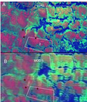 Fig. 5. The T –r e relations of the areas shown in Fig. 3 and denoted by white numbers, for VIIRS and MODIS