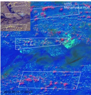 Fig. 15. Imagery of VIIRS overpass on 19 July 2012 19:22 UT over Houston, Texas. Panel (A) shows the microphysical RGB, and panel (B) shows the solar RGB
