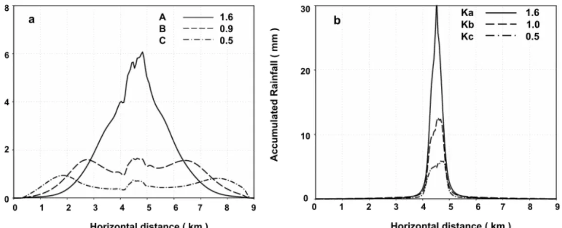 Fig. 4. Accumulated rainfall at 50 min. (a) Cases A, B, and C. Values averaged in the do- do-main for cases A, B, and C are 1.6 mm, 0.9 mm, and 0.5 mm respectively