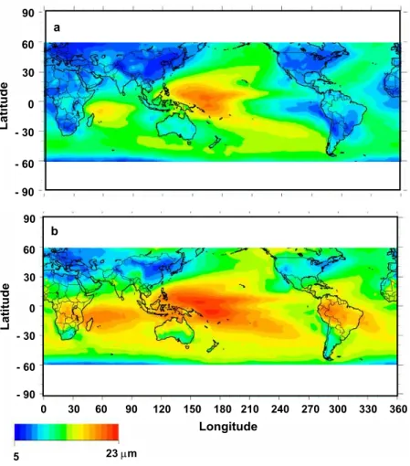 Fig. 10. Calculated annual mean (year 2000) of the e ff ective radius of cloud droplets at the top of clouds that were warmer than 273 K