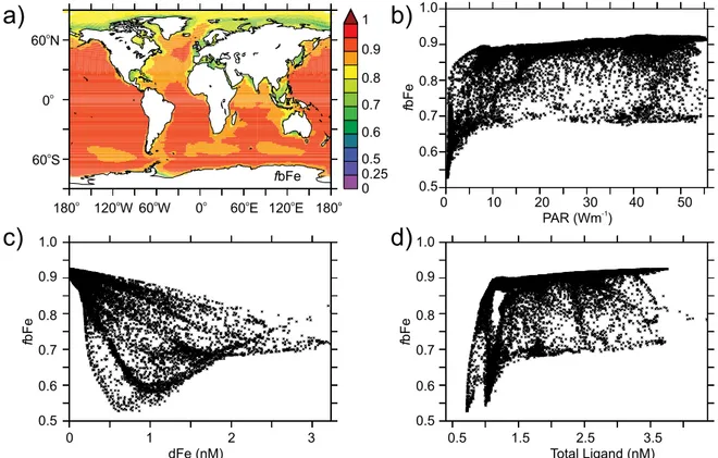 Fig. 4. The (a) annual maximum surface proportion of the dFe pool present as bFe and its relationship to (b) irradiance (Wm −2 ), (c) the total concentration of ligands (nM) and d) the dFe concentration (nM), when bFe is assumed to equal Fe(II) + Fe(III) +