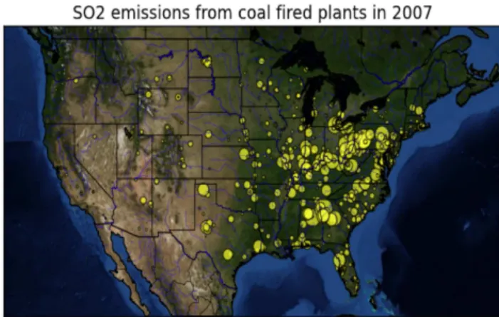 Fig. 1. SO 2 emissions released by coal fired plants in 2007 over the United States (EPA source available at http://www.epa.gov/cleanenergy/energy-resources/egrid/)
