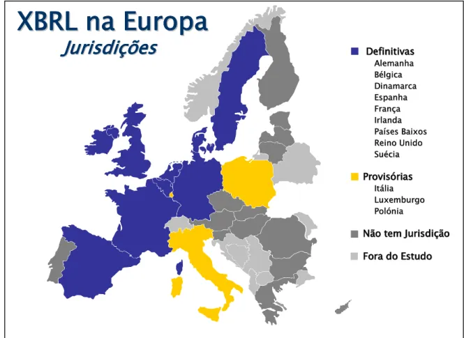 Figura 2 – Jurisdições XBRL na União Europeia  DefinitivasDefinitivasAlemanhaAlemanhaBBéélgicalgica DinamarcaDinamarcaEspanhaEspanhaFranFranççaaIrlandaIrlandaPa
