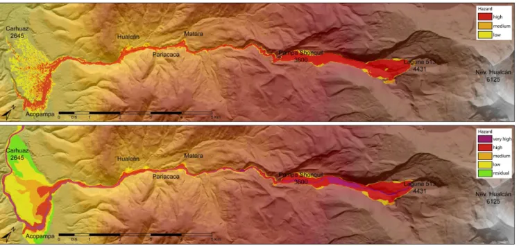 Fig. 7. Upper panel: raw form of hazard map derived from modeling results with RAMMS. In this map all three scenarios are included (for each cell, the highest hazard category according to the scheme in Fig