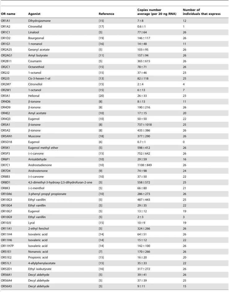 Table 2. RNA copies number average and number of individuals that express reported deorphanized olfactory receptors.