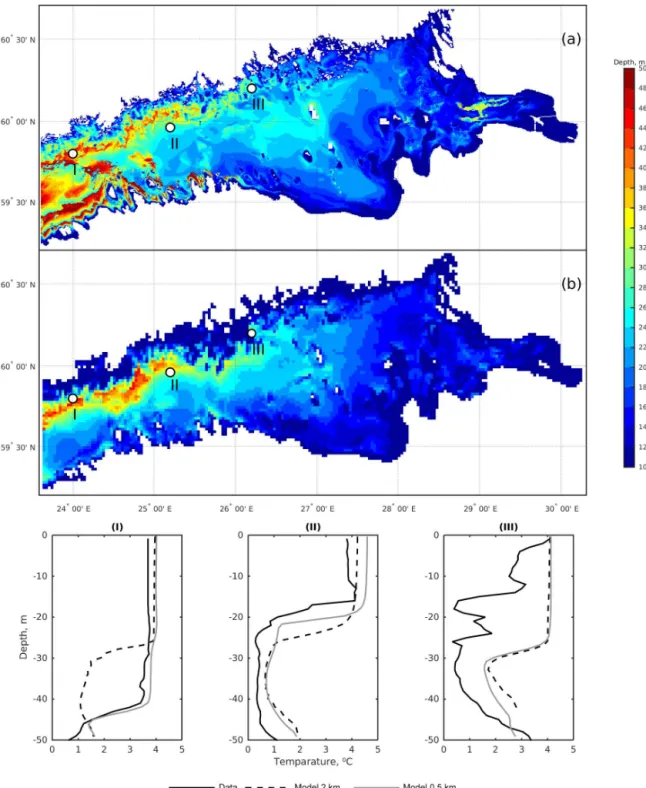 Figure 6. Modelled turbocline depth (m) in the GOF on 20 May 2011: (a) and (b) horizontal distributions on grids 0.5 and 2 km respectively;