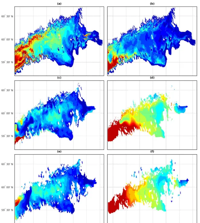 Figure 7. Depth of isotherm 3.5 ◦ C and turbocline depth for the periods: left column 11–30 May 2011, right column 1 June–28 July 2011.