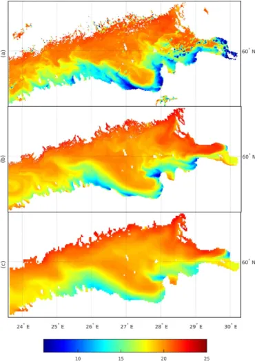 Figure 5. SST maps of the GOF on 2 August 2011: (a) MODIS data, (b) and (c) modelled SST on grids 0.5 and 2 km respectively.