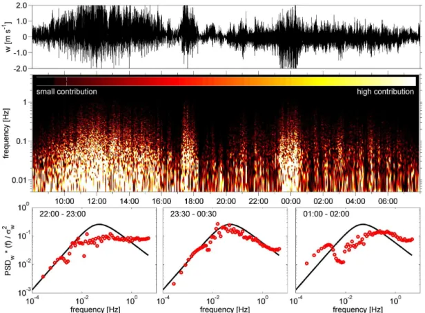 Figure 7. Top panel: 24 h time series of 10 Hz vertical wind velocity data as measured with the sonic anemometer at 10 m above canopy.