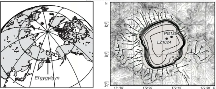 Fig. 1. Location of Lake El’gygytgyn (circle, not to scale) on the Chukotka peninsula, Far East Russian Arctic (left) and close up of the lake with the watershed (dashed line, contour interval for  topog-raphy is 20 m) and the locations of the sediment cor