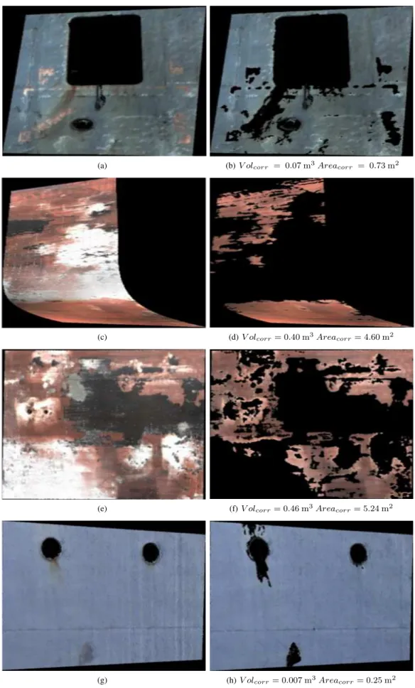 Figure 6. (a), (c), (e) &amp; (g) show the colored 3D point clouds of different zones while (b), (d), (f) &amp; (h) present the 3D point clouds with the corroded region segmented out along with the corresponding V ol corr and Area corr respectively.