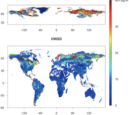 Fig. 1. Carbon density (kg m − 2 ) in the top 1 m of soil from the Harmonized World Soil Database (HWSD) (FAO/IIASA/ISRIC/ISSCAS/JRC 2012) and Northern Circumpolar Soil  Car-bon Database (NCSCB) (Tarnocai et al., 2009).