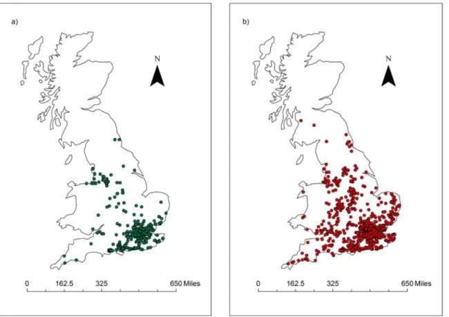 Fig 1. Spatial distribution of amphibian mortality records. Distribution of amphibian mortality records analysed here (1992–2000) showing a) Ranavirosis positive records and b) Ranavirosis negative records (Occurrence analysis Criteria 1; n = 2,113).