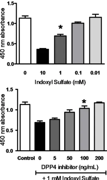 Figure 1. HK-2 viability inhibited by IS and restored by DPP-4 inhibitor. (A) Dose-dependent effect of IS on HK-2 cells viability