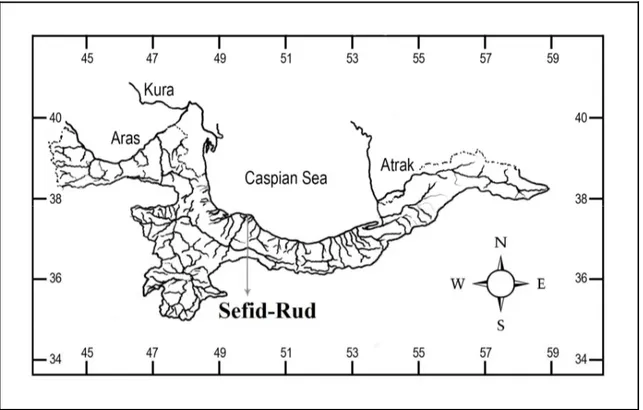 Figure 1. Map of I ran ian part s of t he sout hern Caspian Sea basin, showing som e of   t he m ost  im port ant  rivers syst em :  Aras, Ku ra, At rak  and Sefid- Rud ( t he st udy area) 