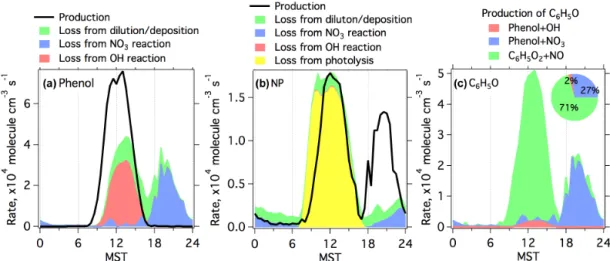 Figure 7. Diurnal profiles of production and loss rates from different pathways for phenol (a) and NP (b) derived from the base simulation of the box model