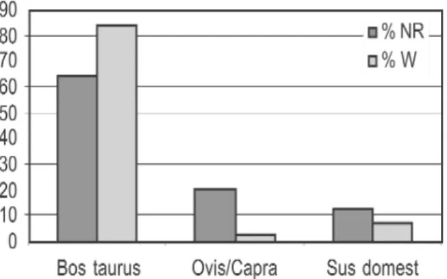 Fig. 1. Número de restos (NR) y peso de los mismos (W) de las es- es-pecies domésticas del nivel Neolítico (en porcentajes).