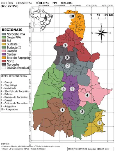 Figura 01 – Localização do Tocantins e Sedes Regionais do PPA 2020-2023